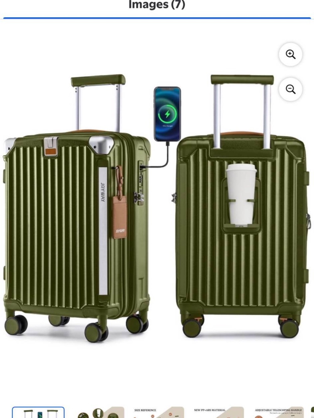 Olive Green Ridged Carry-On Spinner Luggage with USB Port